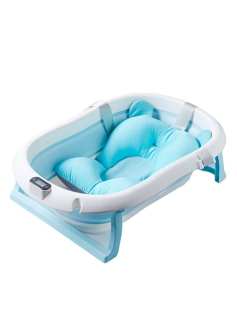 Baby Folding Bathtub, Foldable Baby Bathtub with Temperature Sensing,Portable Safe Shower Basin with Support Pad for Newborn/Infant/Toddler,Sitting Lying Large Safe Bathtub (Blue)