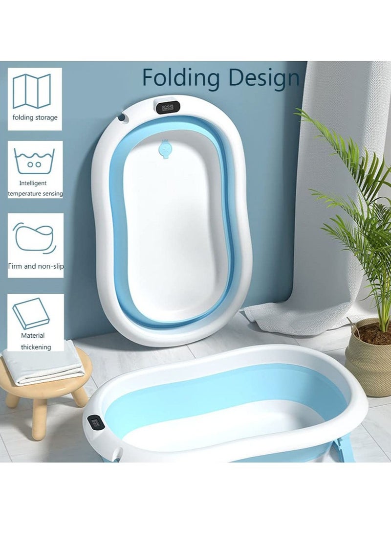 Baby Folding Bathtub, Foldable Baby Bathtub with Temperature Sensing,Portable Safe Shower Basin with Support Pad for Newborn/Infant/Toddler,Sitting Lying Large Safe Bathtub (Blue)