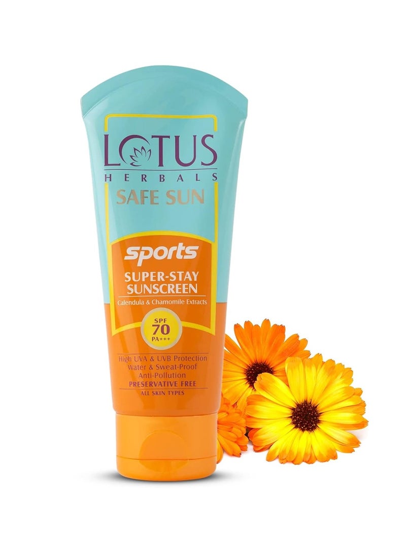 Lotus Herbals Safe Sun Sports Super Stay Sunscreen Cream SPF 70 PA+++, Sweat and Waterproof, Preservatives Free, 80g