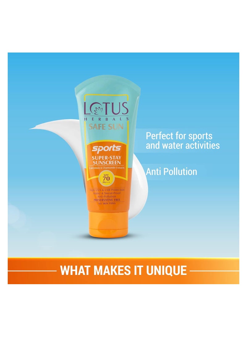 Lotus Herbals Safe Sun Sports Super Stay Sunscreen Cream SPF 70 PA+++, Sweat and Waterproof, Preservatives Free, 80g