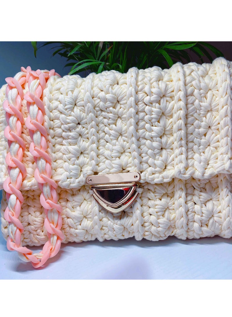 Elegant Braided Crossbody Off White And Peach Handbag