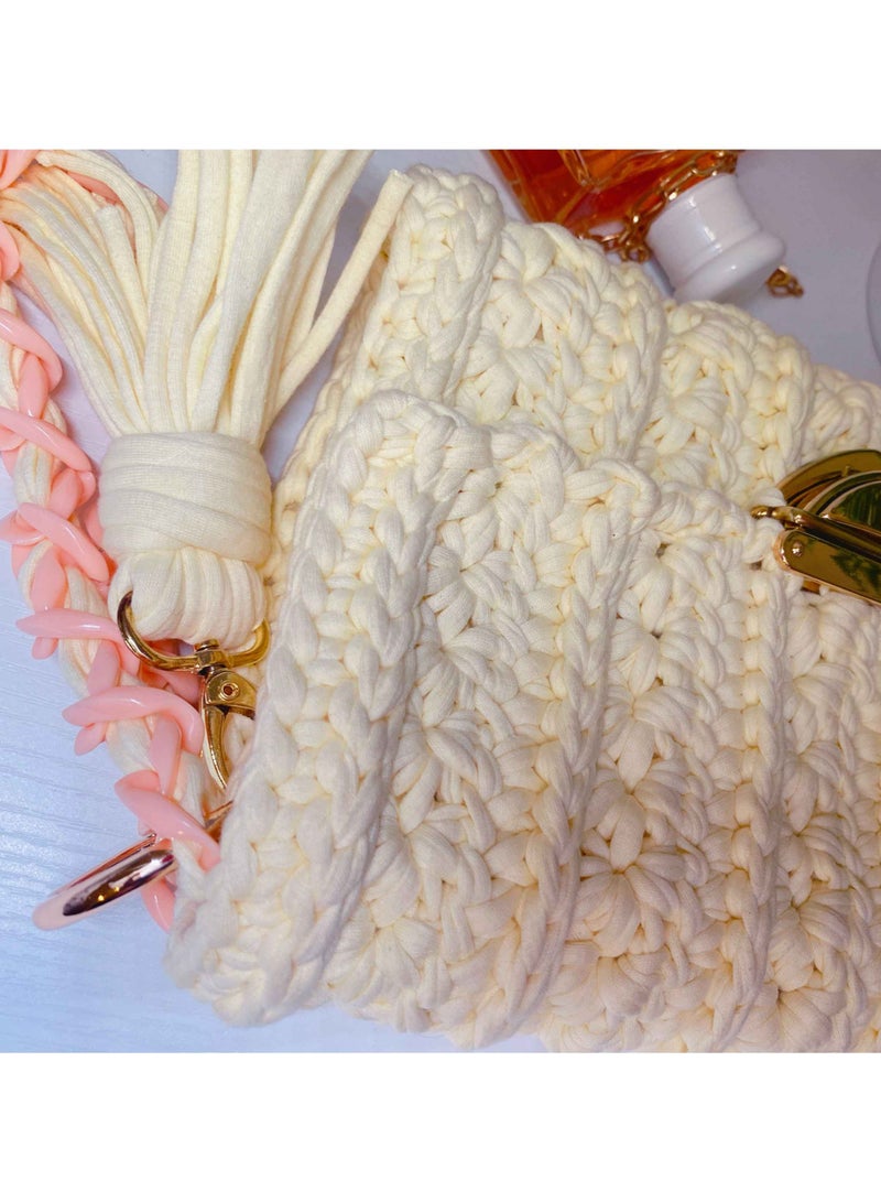 Elegant Braided Crossbody Off White And Peach Handbag