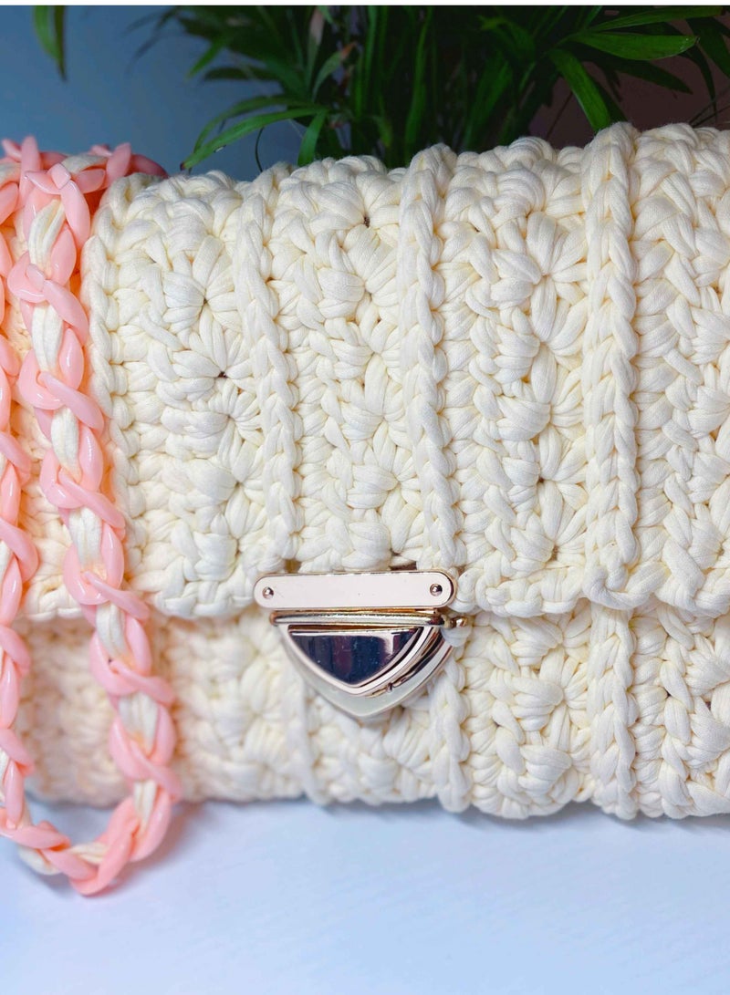 Elegant Braided Crossbody Off White And Peach Handbag