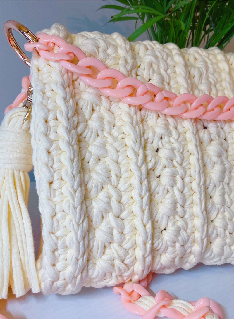 Elegant Braided Crossbody Off White And Peach Handbag