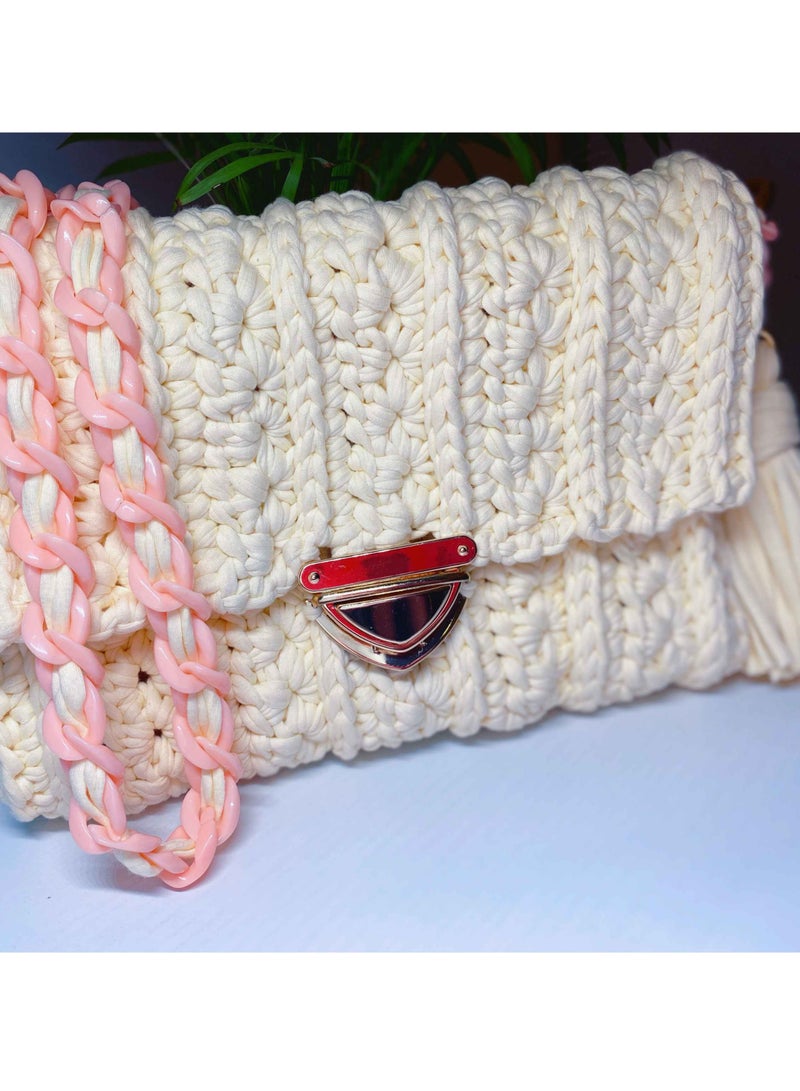 Elegant Braided Crossbody Off White And Peach Handbag