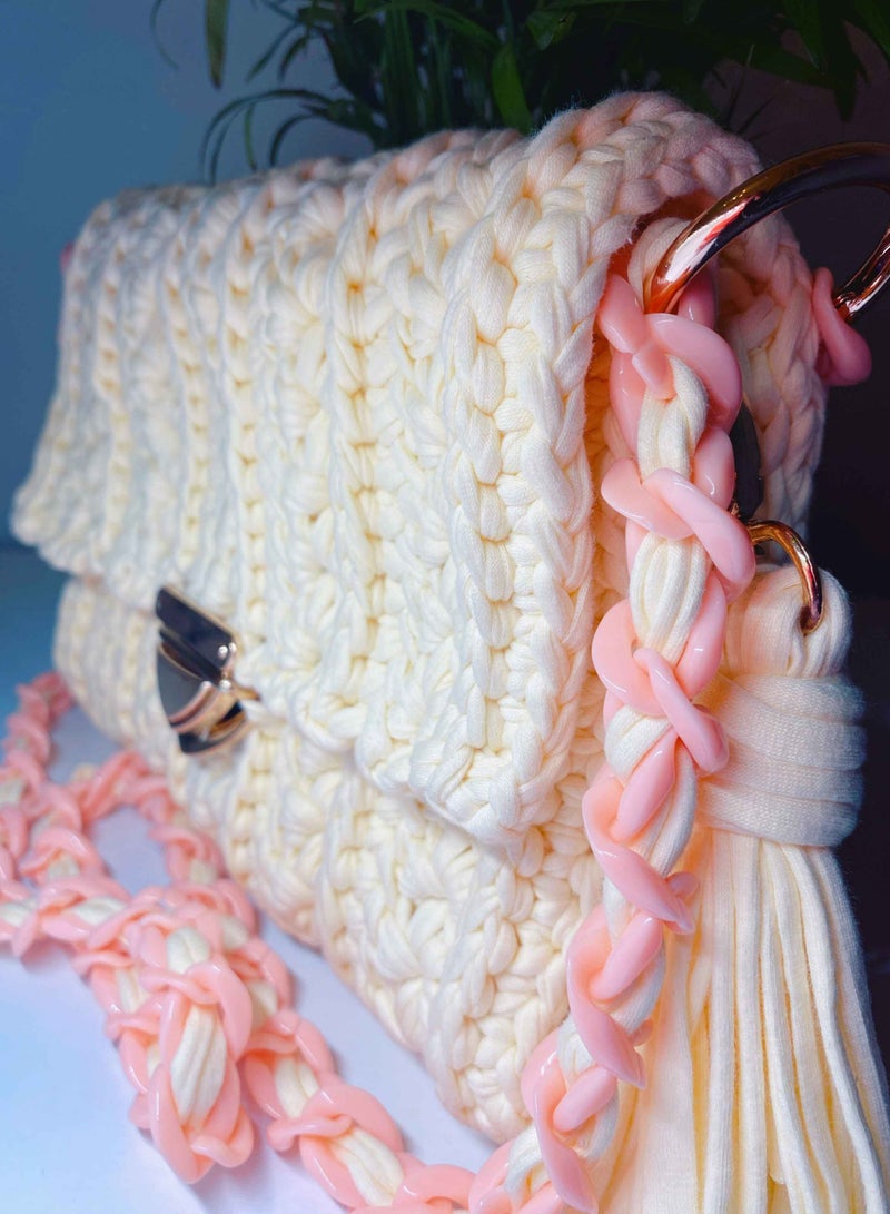 Elegant Braided Crossbody Off White And Peach Handbag