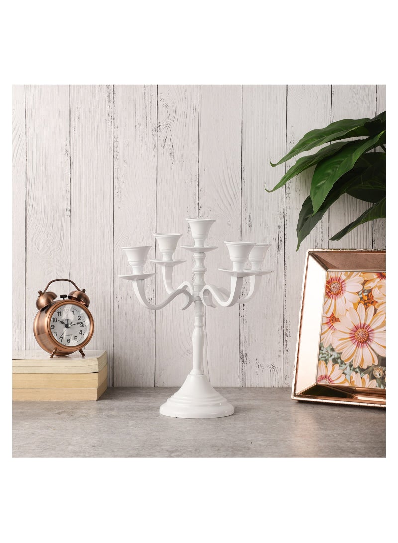 VOIDROP Five Arm Candelabra 10 inch Tall White Taper Candle Holders, Candle Stands Candlesticks for Home Decor Wedding Parties Dinning Table Centerpiece Thick Candles (White)