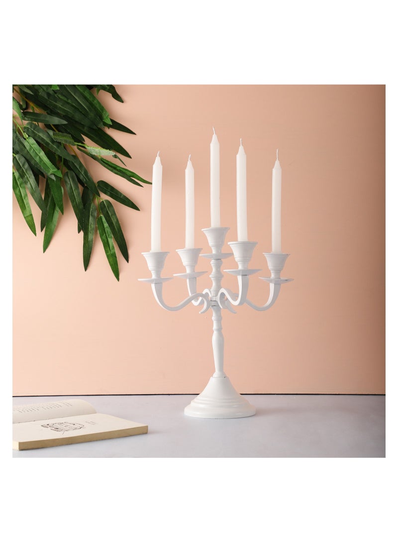 VOIDROP Five Arm Candelabra 10 inch Tall White Taper Candle Holders, Candle Stands Candlesticks for Home Decor Wedding Parties Dinning Table Centerpiece Thick Candles (White)