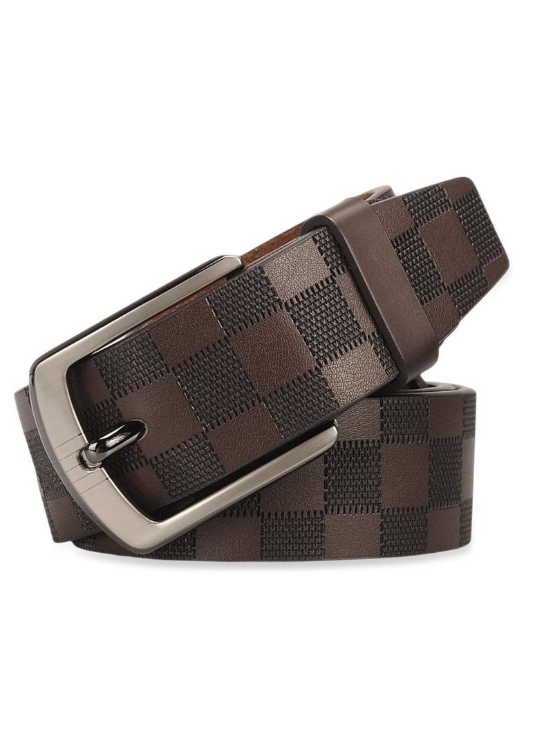 Mens Leather Belt Checkerboard Embossed Genuine Adjustable Belts For Jeans Pants Suits Casual Dress
