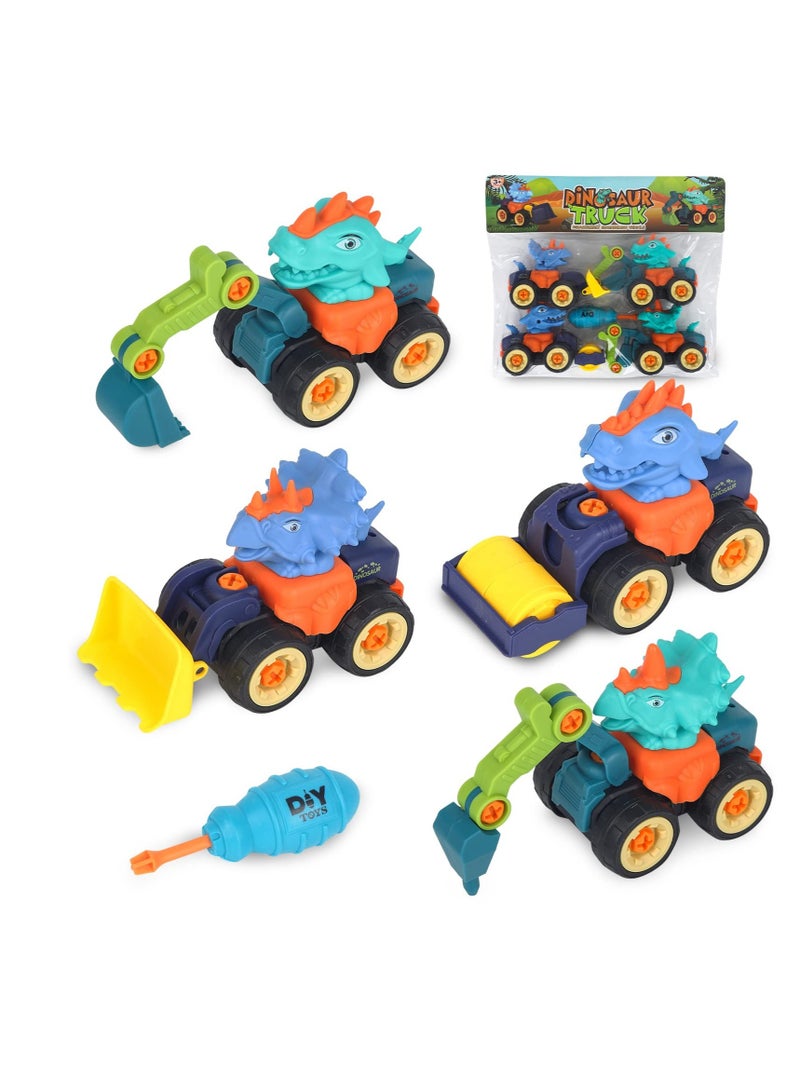 Digger Toys, Dinosaurs Construction Digger Toys, Dinosaur Truck Toys, with Screwdriver, Bulldozer, Excavator,Road Roller Toys, for Kids Boys Birthday Toys(4Pcs)