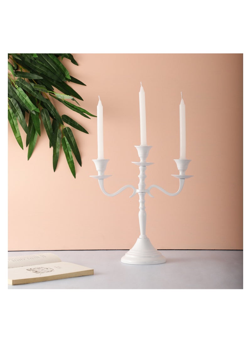 VOIDROP Three Arm Candelabra 10 inch Tall White Taper Candle Holders, Candle Stands Candlesticks for Home Decor Wedding Parties Dinning Table Centerpiece Thick Candles (White)