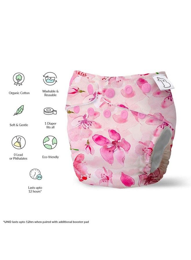 Uno Freesize Cloth Diaper ; Cloth Diaper For Babies 3M To 3Y ; Comes With Cloth Diaper Inserts ; 1 Organic Cotton Soaker + 1 Booster ; Cherry Blossom