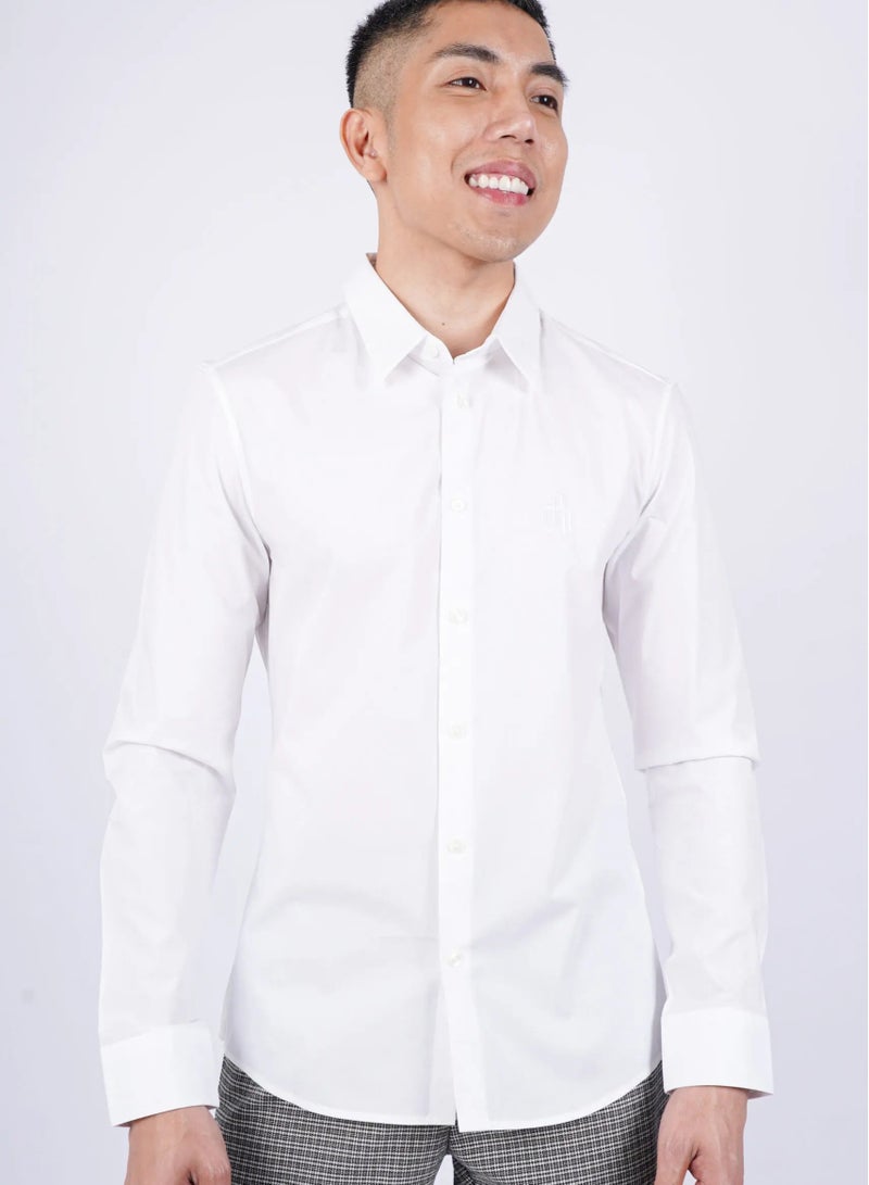 Men’s Back Long Sleeve Pleated Shirt Business Shirts in Bright White
