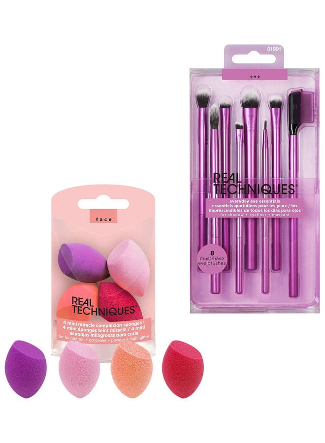 Eyeshadow Brush Set, Makeup With Gel Eyeliner, Flat Eye, And Eyelash Brushes With 4 Mini Miracle Complexion Sponges Set of 1492, 1991