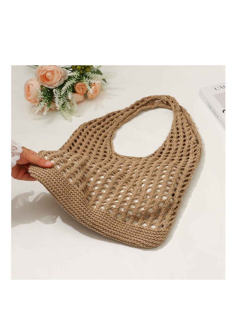 Crochet Mesh Beach Tote Bag, Summer Aesthetic Knit Shoulder Women Knited Boho Suitable for Vacation, Travel, Shopping, Work