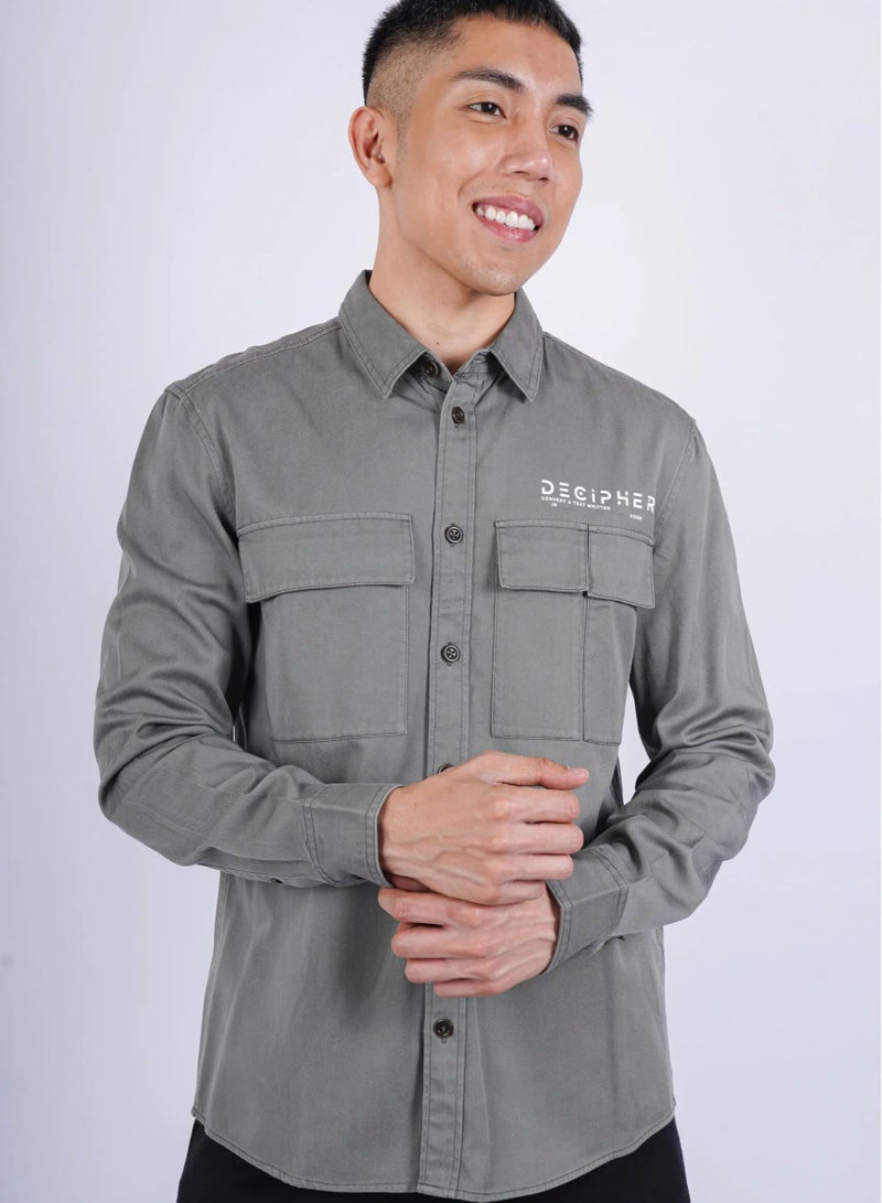Men’s Long Sleeve Double Chest Pockets Casual Shirt in Agave Green