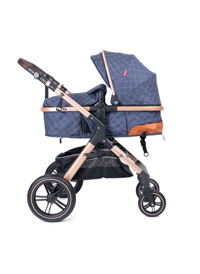Belecoo One Fold-to-Half Luxury Baby Stroller 2-in-1 Travel Pram & Bassinet – Lightweight Compact Foldable Pushchair with Reversible Handlebar, Adjustable Reclining Backrest, Extendable Canopy, Shock Absorbing Wheels, Storage Basket – High Landscape Newborn & Toddler Stroller for Boys & Girls – Elegant Blue