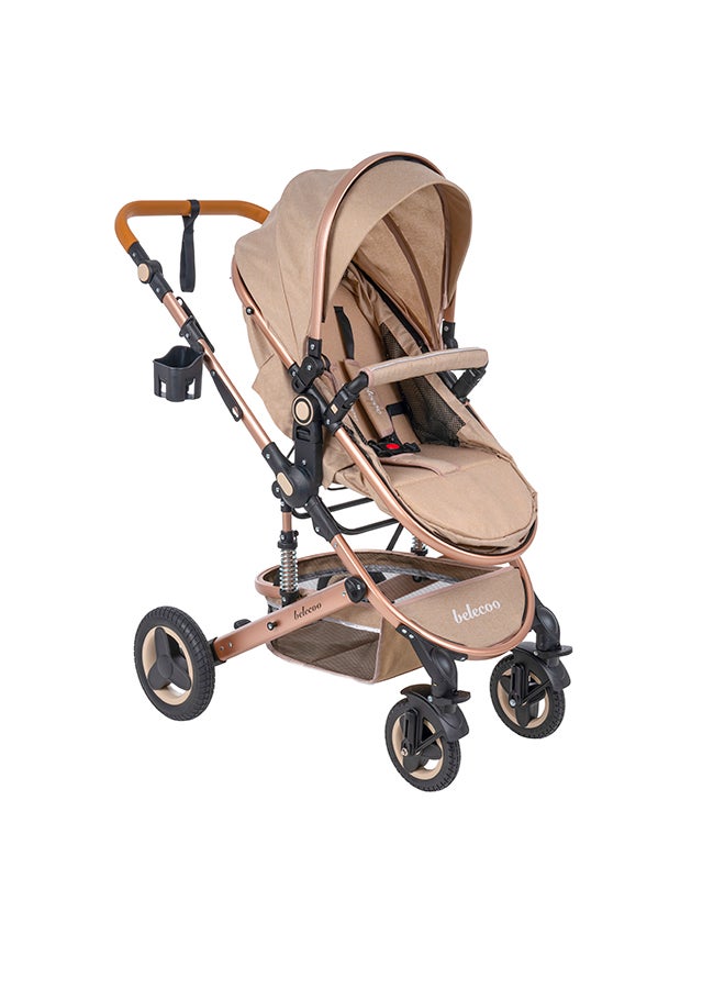 Belecoo 5 Cream Lightweight Travel Stroller – 3‑in‑1 Foldable Travel System with Reversible Bassinet, Compact Design, All‑Terrain Wheels & Newborn‑to‑Toddler Comfort