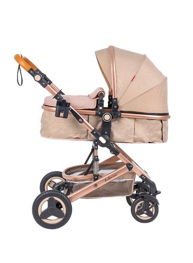 Belecoo 5 Cream Lightweight Travel Stroller – 3‑in‑1 Foldable Travel System with Reversible Bassinet, Compact Design, All‑Terrain Wheels & Newborn‑to‑Toddler Comfort