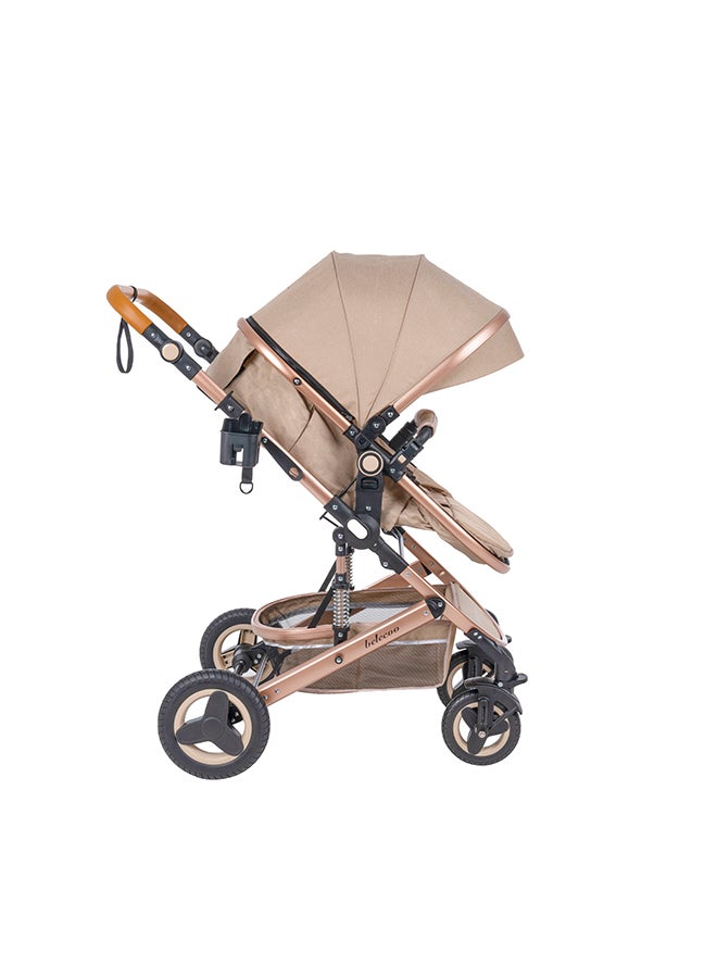 Belecoo 5 Cream Lightweight Travel Stroller – 3‑in‑1 Foldable Travel System with Reversible Bassinet, Compact Design, All‑Terrain Wheels & Newborn‑to‑Toddler Comfort