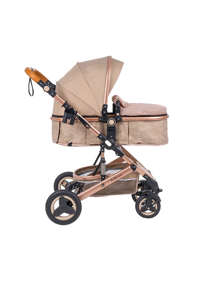 Belecoo 5 Cream Lightweight Travel Stroller – 3‑in‑1 Foldable Travel System with Reversible Bassinet, Compact Design, All‑Terrain Wheels & Newborn‑to‑Toddler Comfort