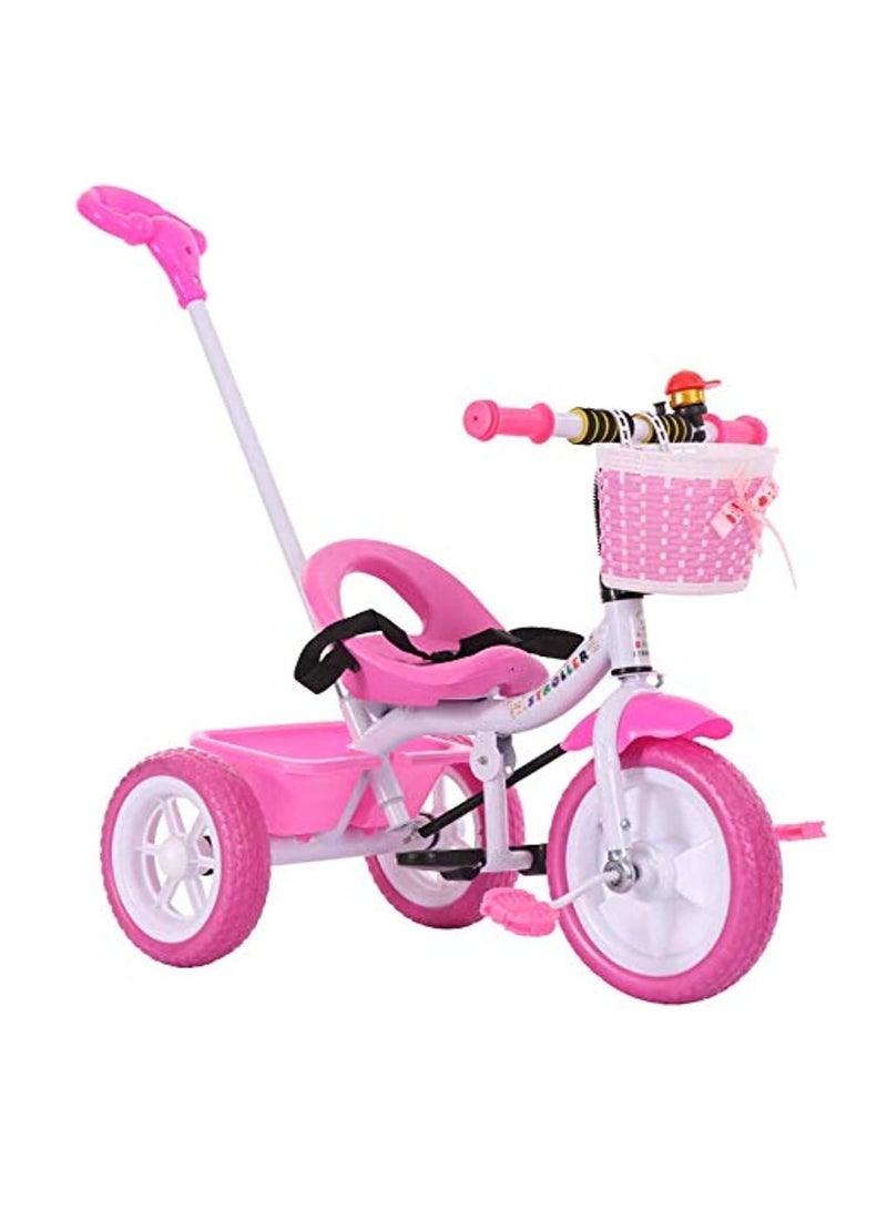 Kids Three Wheels Tricycle Bicycle With Push Bar & Basket For Outdoor 3 Wheel Bike Scooter-Pink