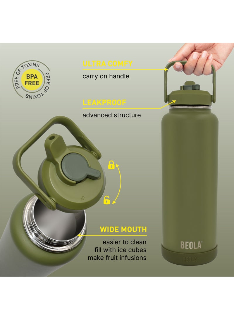 1200ml Vacuum Insulated Water Bottle, Double Wall Stainless Steel Thermos Bottle with wide mouth, 2 lids included, Hot Cold Water Flask, Large Sports Bottle with straw lid, 40oz (Forest Green)