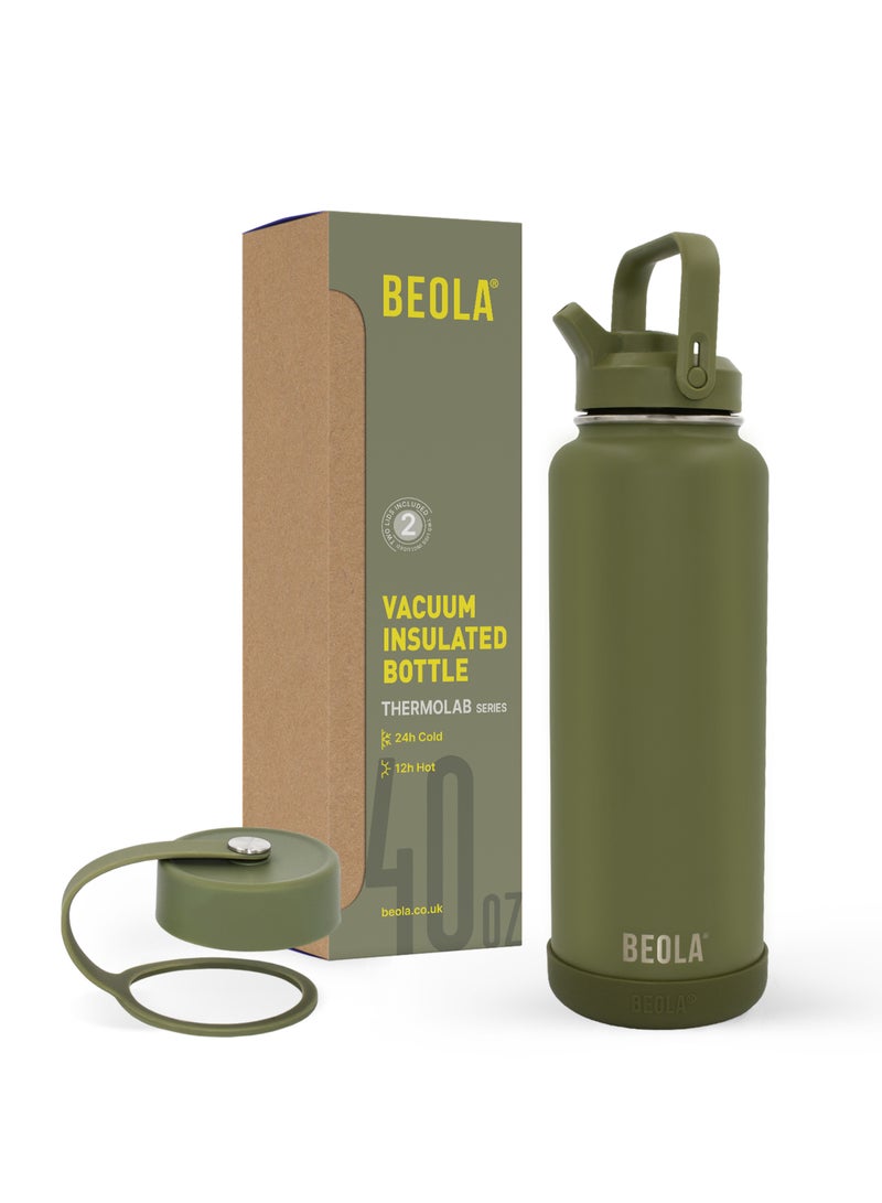1200ml Vacuum Insulated Water Bottle, Double Wall Stainless Steel Thermos Bottle with wide mouth, 2 lids included, Hot Cold Water Flask, Large Sports Bottle with straw lid, 40oz (Forest Green)