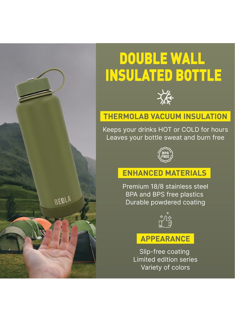 1200ml Vacuum Insulated Water Bottle, Double Wall Stainless Steel Thermos Bottle with wide mouth, 2 lids included, Hot Cold Water Flask, Large Sports Bottle with straw lid, 40oz (Forest Green)