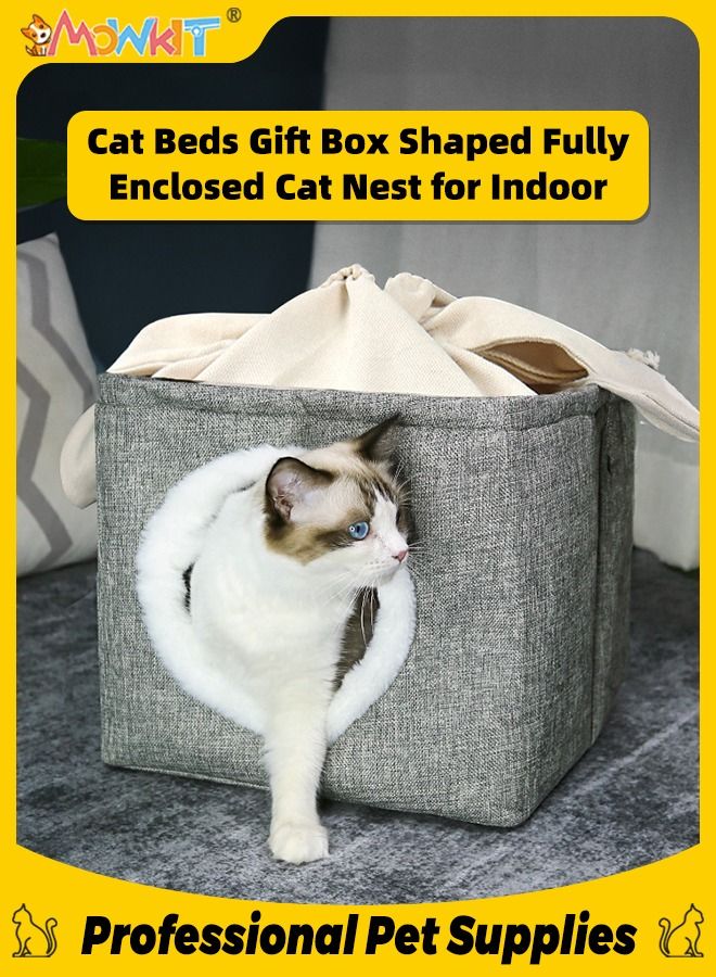 Cat Beds Gift Box Shaped Fully Enclosed Cat Cave for Indoor Cats Soft Pet Calming Bed with Anti-Slip Bottom Interactive Big Space Cat Channel Toy 36*36*33cm Grey