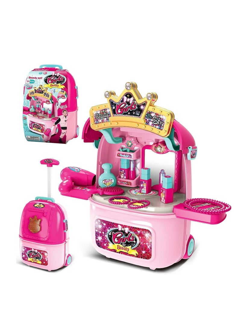 Pretend Makeup Sets for Girls with Jewellery, 2 in 1 Kids Make Up Table and Suitcase