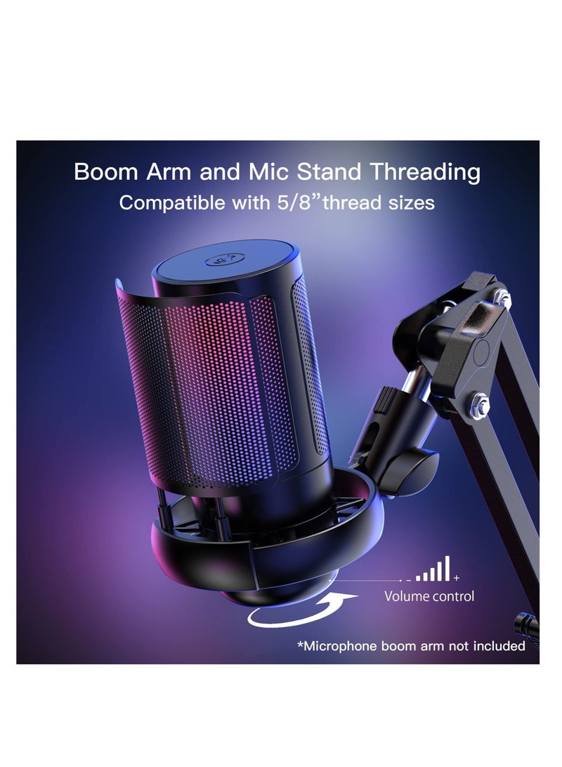 USB Microphone for PC, Gaming Mic for PS4/ PS5/ Mac/Phone, Condenser Mic with Quick Mute, RGB Lighting, Pop Filter, Shock Mount, Gain Control, for Gaming, Streaming, Podcasting, Recording, YouTube