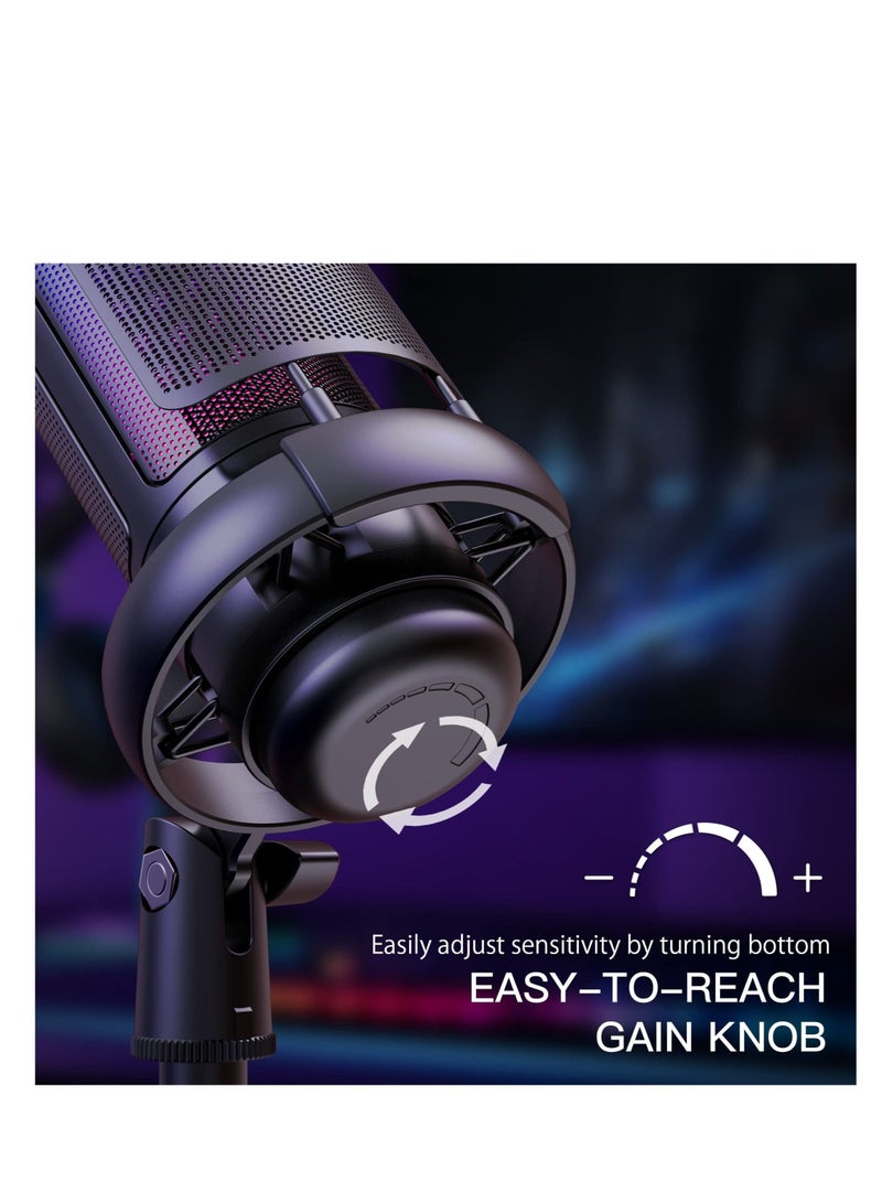 USB Microphone for PC, Gaming Mic for PS4/ PS5/ Mac/Phone, Condenser Mic with Quick Mute, RGB Lighting, Pop Filter, Shock Mount, Gain Control, for Gaming, Streaming, Podcasting, Recording, YouTube