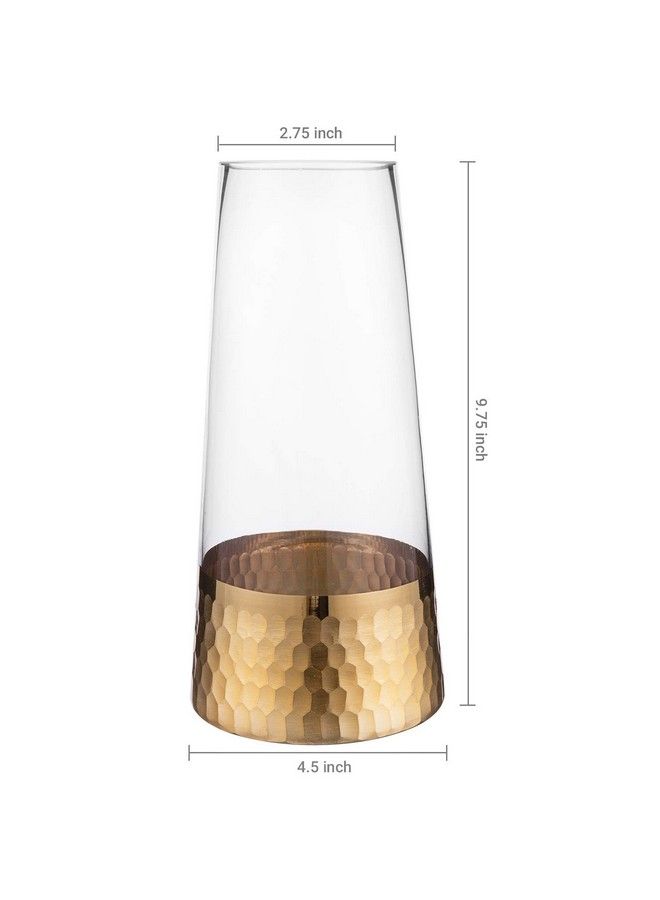 Clear Glass And Gold Flower Vase Decor Table Vase With Goldtone Metal Hammered Base Accent