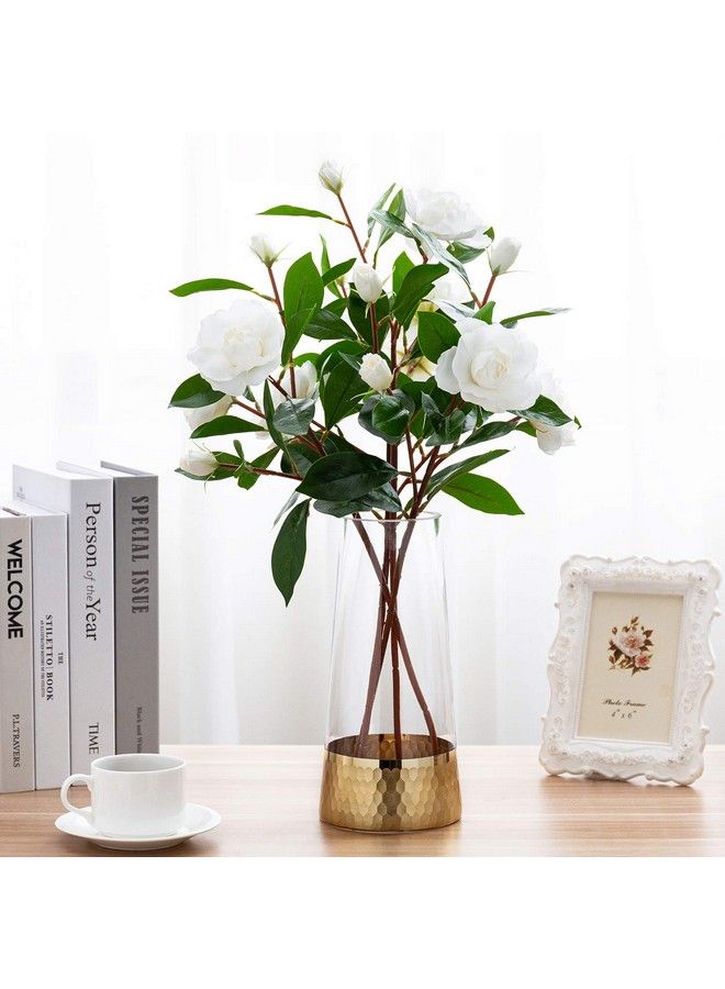 Clear Glass And Gold Flower Vase Decor Table Vase With Goldtone Metal Hammered Base Accent