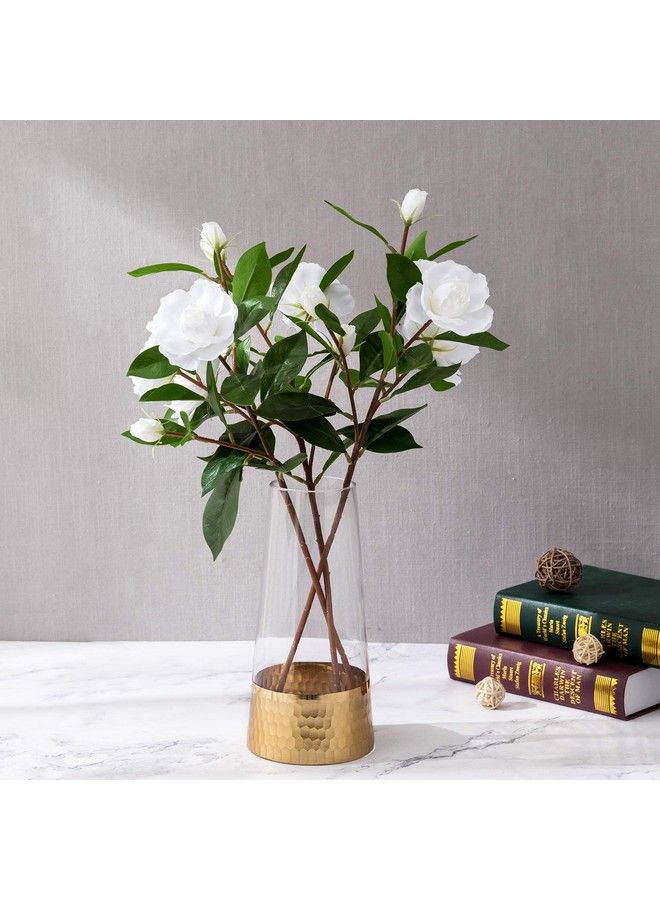 Clear Glass And Gold Flower Vase Decor Table Vase With Goldtone Metal Hammered Base Accent