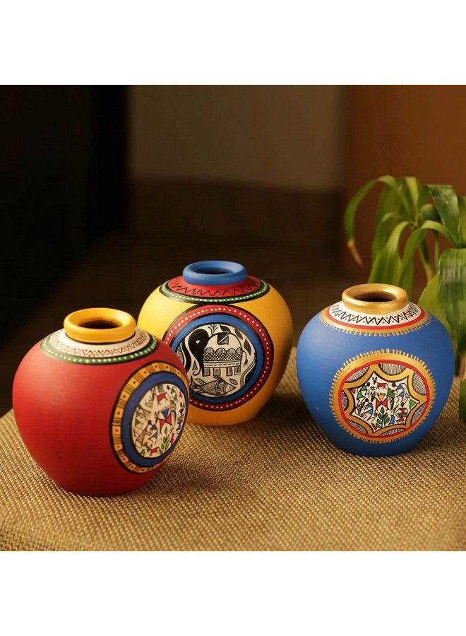 Madhubani & Warli Handpainted Living Room & Bedside Home Decorative Flower Terracotta Vases (Set Of 3 Blue Yellow & Red) (El 018 033) 14.0 Cm X 14.0 Cm X 15.2 Cm Earthenware