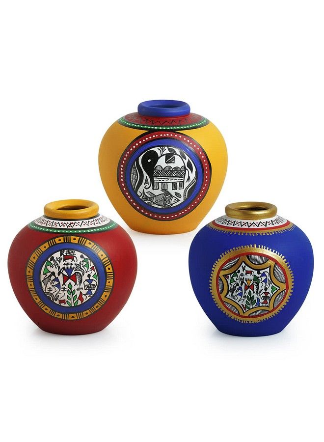 Madhubani & Warli Handpainted Living Room & Bedside Home Decorative Flower Terracotta Vases (Set Of 3 Blue Yellow & Red) (El 018 033) 14.0 Cm X 14.0 Cm X 15.2 Cm Earthenware