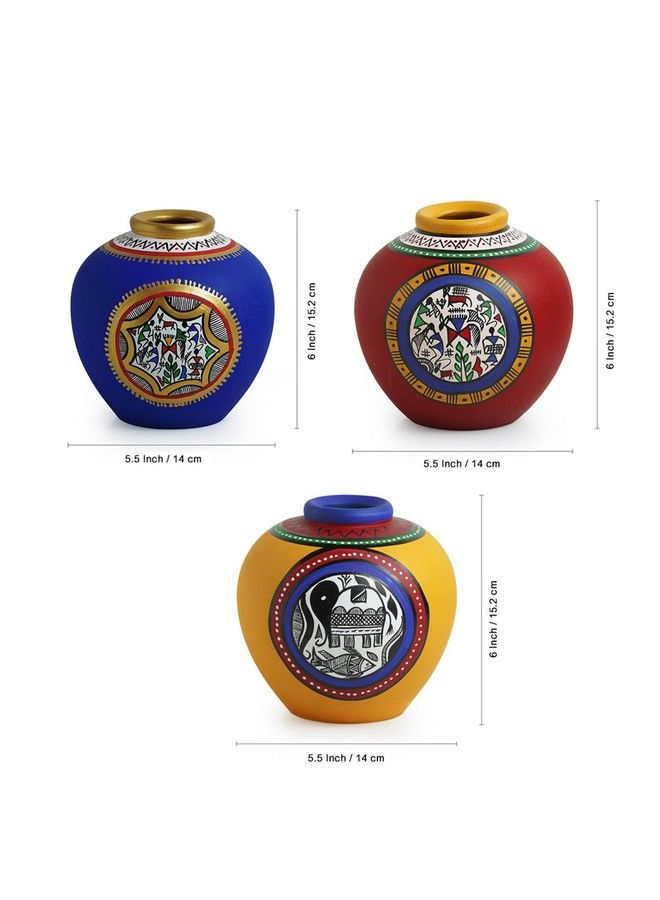 Madhubani & Warli Handpainted Living Room & Bedside Home Decorative Flower Terracotta Vases (Set Of 3 Blue Yellow & Red) (El 018 033) 14.0 Cm X 14.0 Cm X 15.2 Cm Earthenware