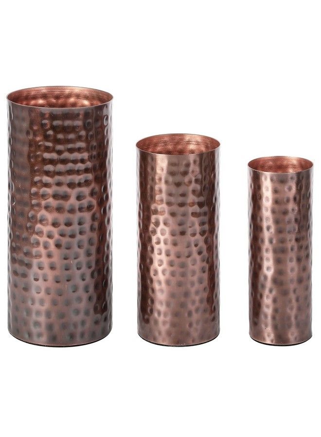 Modern Vintage Copper Tone Metal Tall Cylinder Flower Vases With Hammered Texture Decorative Centerpiece Set Of 3 (Large Medium Small Sizes)