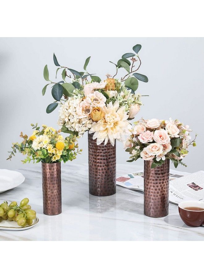 Modern Vintage Copper Tone Metal Tall Cylinder Flower Vases With Hammered Texture Decorative Centerpiece Set Of 3 (Large Medium Small Sizes)