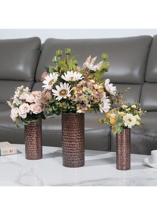Modern Vintage Copper Tone Metal Tall Cylinder Flower Vases With Hammered Texture Decorative Centerpiece Set Of 3 (Large Medium Small Sizes)