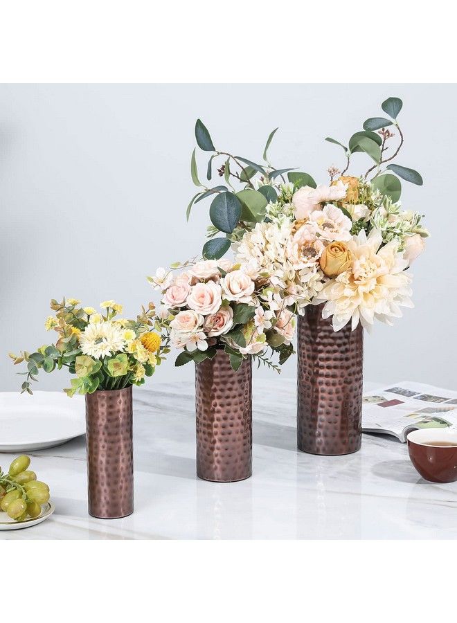 Modern Vintage Copper Tone Metal Tall Cylinder Flower Vases With Hammered Texture Decorative Centerpiece Set Of 3 (Large Medium Small Sizes)