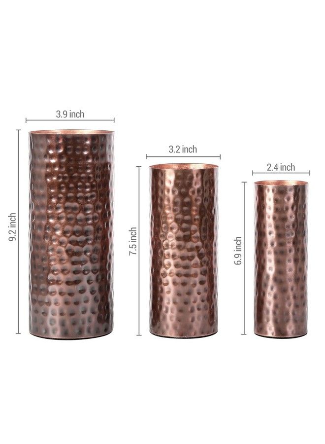 Modern Vintage Copper Tone Metal Tall Cylinder Flower Vases With Hammered Texture Decorative Centerpiece Set Of 3 (Large Medium Small Sizes)