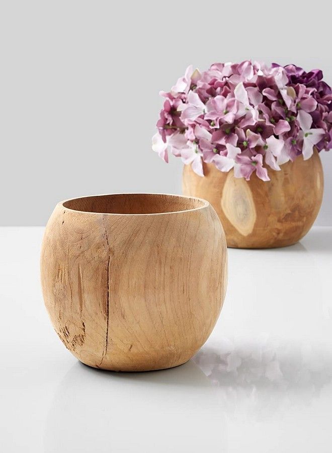 Handmade Natural Teak Vase Fishbowl Shaped Wood Vase Rustic Wood Planter Bowl Decorative Centerpiece For Home Weddings Events Parties Measures 5.5