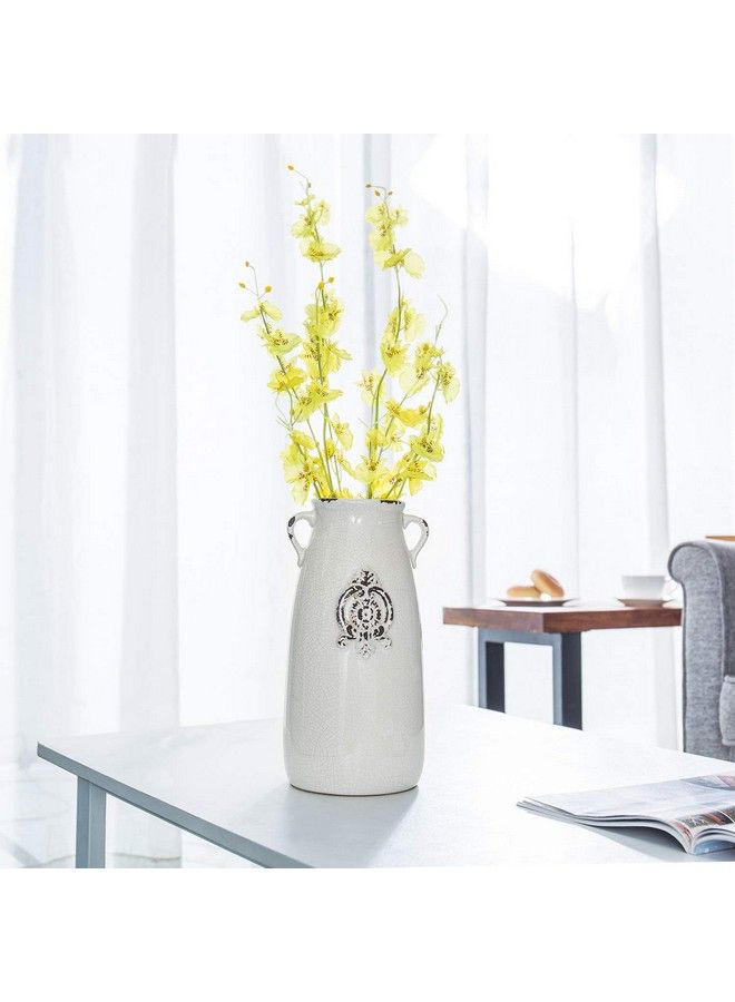 Farmhouse White Ceramic Vase With Handle And Embossed Seal Design Antique Jug Shaped Tabletop Flower Vase