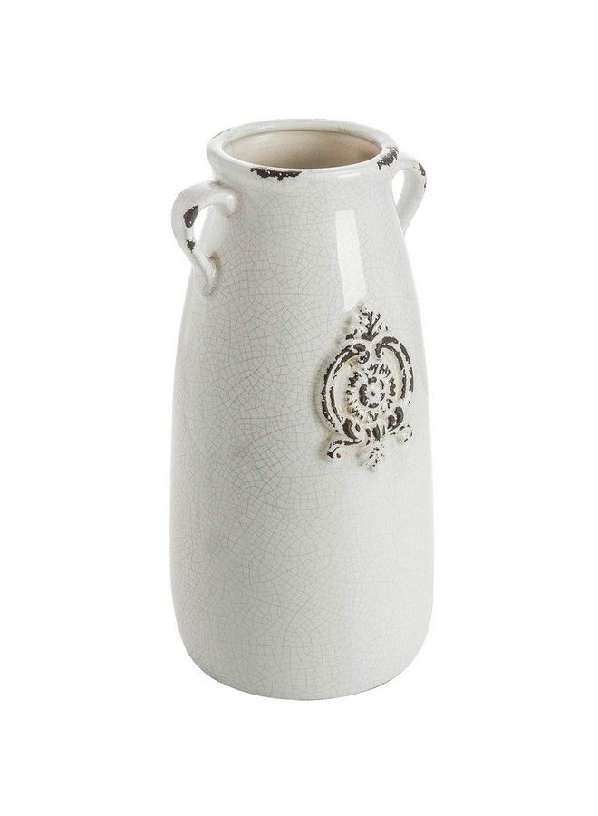 Farmhouse White Ceramic Vase With Handle And Embossed Seal Design Antique Jug Shaped Tabletop Flower Vase