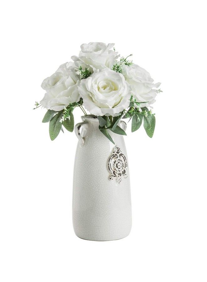 Farmhouse White Ceramic Vase With Handle And Embossed Seal Design Antique Jug Shaped Tabletop Flower Vase