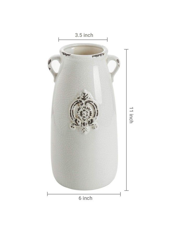 Farmhouse White Ceramic Vase With Handle And Embossed Seal Design Antique Jug Shaped Tabletop Flower Vase