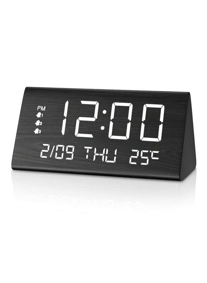 Digital Alarm Clock With Wooden Electronic Led Time Display 3 Alarm Settings Weekday Weekend Mode Temperature Detect Wood Made Electric Clocks For Office Bedroom Bedside (Black)